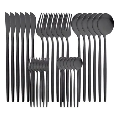 (black) 30pcs White Gold Cutlery Set Matte Dinnerware Knife Fork Spoons Stainless Steel Silverwa