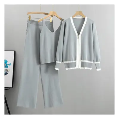 (gray, One Size) Spring And Autumn Women&apos;s Knitted Set Slim Tide Knitted Cardigan Camisole 