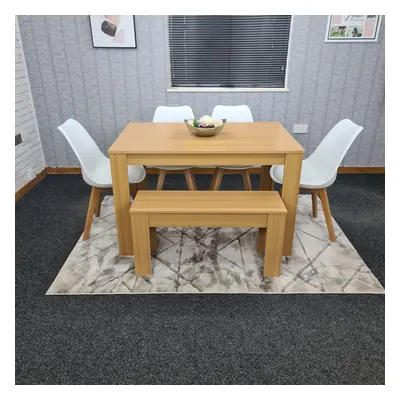 Dining Table,4 White Padded Chairs and Bench Oak Effect Set of