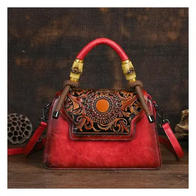 (red) Johnature Vintage Handmade Embossed Women Leather Bag Luxury Handbag Versatile Female Shou