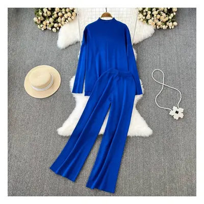 (blue, One Size) Fashion Collar Loose Long-sleeved Irregular Knit Tops High Waist Thin Straight 