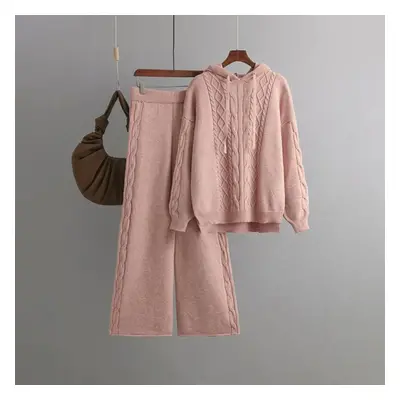 (pink, OneSize) Women Autumn Hooded Neck Solid Color Knitwear Wide Leg Pants Two Piece Set