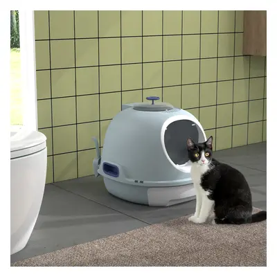 PawHut Futuristic Capsule-Shaped Cat Litter Box w/ Doors Scoop Drawer Blue