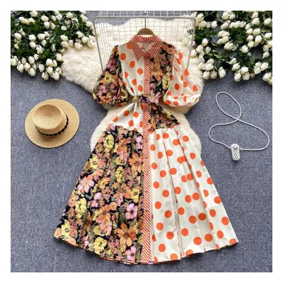 (beige, One Size) Summer Elegant Midi Patchwork Dress For Women Lapel 3/4 Sleeve Wave Point Brea