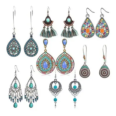 7 Pairs Bohemian Earrings Vintage Dangle Drop Hook Earrings Metal Retro Rhinestone Stud Earrings