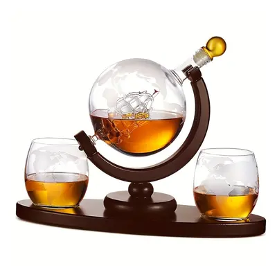 (1Bottle 2Cups LongWoodenStand) 3pcs/set, 850ml 30oz Whiskey Globe Decanter Set - Crystal Glass