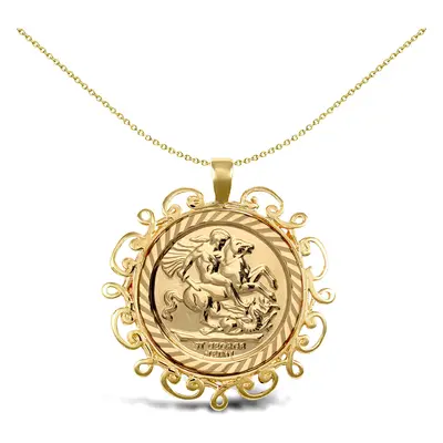 Jewelco London Solid 9ct Gold Scroll Frame St George & Dragon Medallion Pendant (Half Sov Size) 