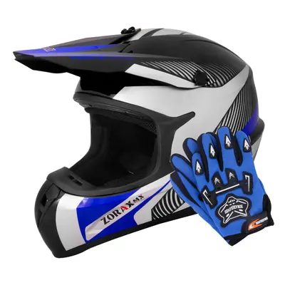 (Blue, XL) ZORAX X305 Adult MX Motorbike Helmet Dual Sport Motocross + Gloves ECE2206