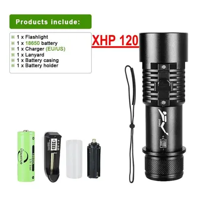 (black, With battery) 9000lm Xhp120 Professional Waterproof Diving Flashlight 800m Underwater Sc