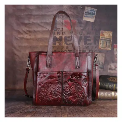 (red) Johnature Retro Genuine Leather Female Bag Large Capacity Casual Tote Handmade Embossed Wo