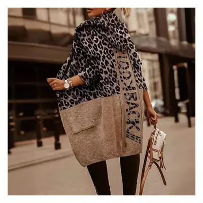 (L, brown) Autumn Winter Leopard Cardigan Women Knitted Sweater Pullovers Warm Thick Jumpers Max