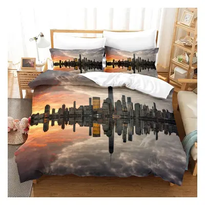 (as the picture, DE 155x200cm) 3D Building Bedding Set Microfiber Fabric Quilt Cover Pillowcase 