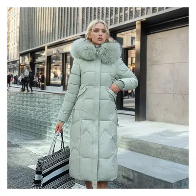 (green, XL) Women&apos;s Mid Length Winter Fashionable Slim Fitting Cotton Jacket With Large Fur