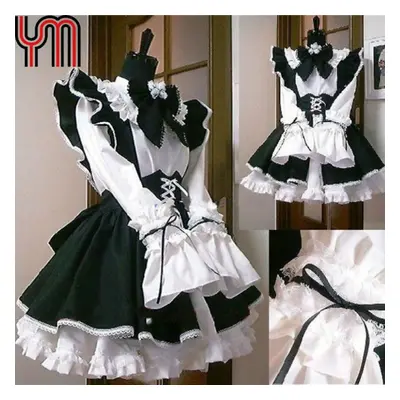 (S) Lolita Maid Dress Womens Waitress Costumes Bowknot Ruffle Gothic Cosplay Fancy Dresses