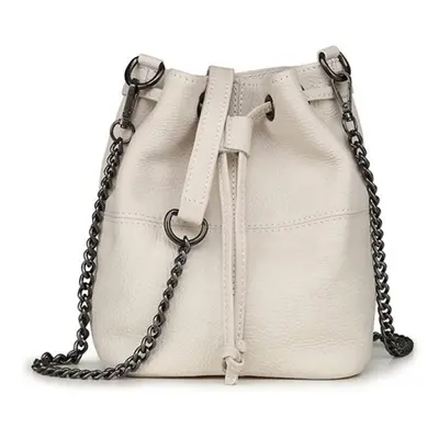 (white) Fashion Designer Genuine Leather Bucket Handbag Tote Drawstring Bag For Women Soft Shoul