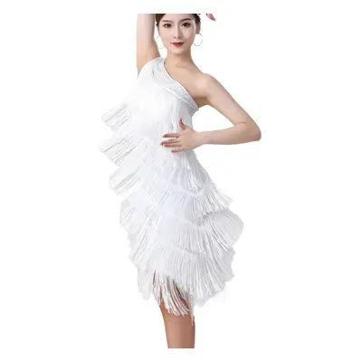 (white, One Size) Women Sequin Elegant One Shoulder Latin Dance Dress Adult Sexy Tassel Fringe F