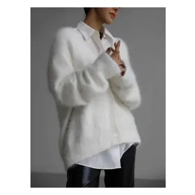 (white, M) Fashion New Knitted Angola Cardigan Women Luxe Mink Oversized Soft V-neck Long Sleeve