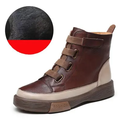 (coffee, 39) Genuine Leather Ankle Shoes Women Boots Round Toe Zip Winter Sewing Leisure Handmad