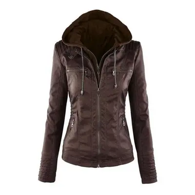 (coffee, XXL) Women Soft Faux Leather Jackets Convertible Collar Long Sleeve Zipper Coat Motor J