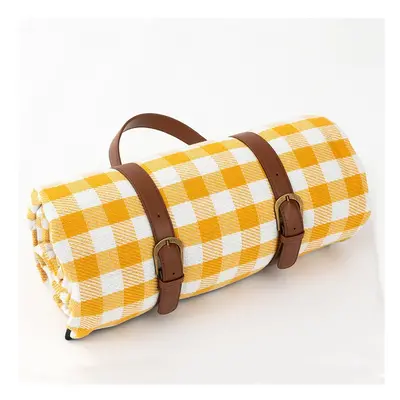 (Yellow and White grid, 200x200) Thicken Leather Plaid Picnic Mat Foldable Camping Mat Waterproo