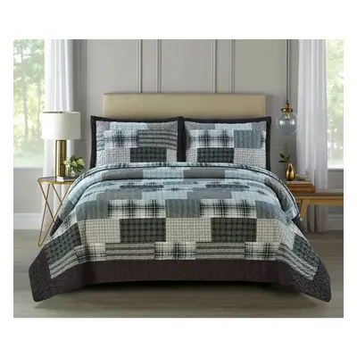 (Check Denim-Grey, King) Piece Patchwork Bedspread Quilted Throw Double & King Size Printed Bedd