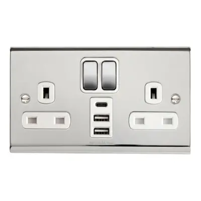 Deta SD1288CHW Slimline Twin Amp Double Pole Switch Socket c/w x USB & x USB-C (Polished Chrome/