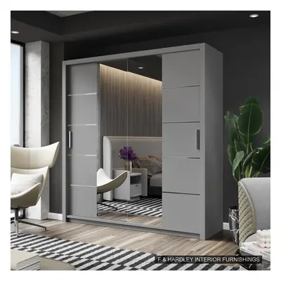 (203CM, GREY) FH DALLAS Modern Sliding Door Wardrobe with Mirror