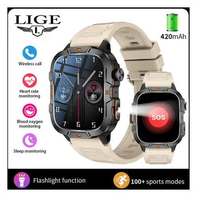 (beige, silicone strap) Lige New Led Flashlight Smart Watch 420mah Bluetooth Call Sports Fitness