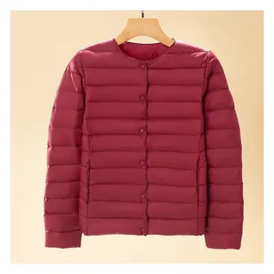 (burgundy, 4XL) Light Down Jacket Women&apos;s Short Autumn And Winter New V-neck Round Neck Lon