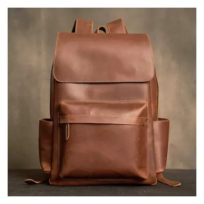 (brown) 100% Genuine Leather Men&apos;s Backpack Vintege Hiking Backpack Casual School Backpack 