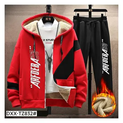 (red, L) Men &apos;s Jacket Autumn And Winter Plus Velvet Thick Lamb Wool Sports Suit Two -piece