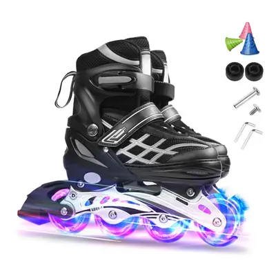 (black, S) Adjustable Illuminating Inline Skates With Light Up Wheels For Kids And Youth Inline 