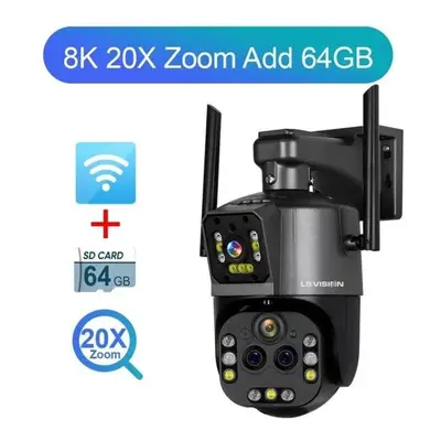 (8K 20xZoom Add 64G) Eu 8k Wifi Security Camera 20x Zoom Outdoor 4k Four Lens Dual Screen Ptz Ca