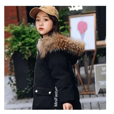 (black, 150) Autumn And Winter Girls&apos; Fashionable Mid-length Thick Fur Collar Down Jacket