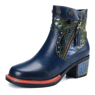 (blue, 39) Johnature Vintage Thick Heeled Women&apos;s Boots Genuine Leather Shoes Hand-painted 