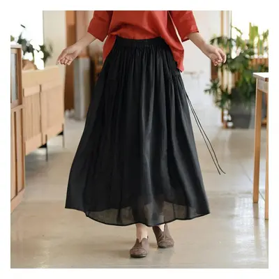 (black, One Size) Johnature Women High Waist Ramie Skirts Solid Color Belt Elastic Waist Summer 