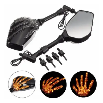 2x Skull Hand Led Turn Signal Integrated Rearview Mirror For Motorcycle