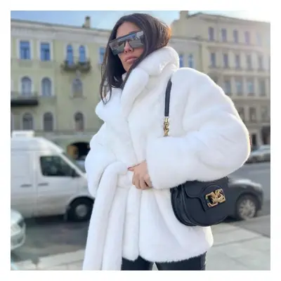 (white, M) Autumn Winter New American Style Faux Fur Coat Solid Color Faux Rabbit Fur Lapel Thic