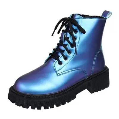 (blue, 38) Pu Mid-calf Fashion Boots Hot Sale Square Heel Ladies Shoes Winter Lace-up Round Toe 