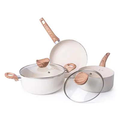 (5pcs, Cream Granite) Non Stick Pots and Pans Set â Induction Hob Pots Set â 5pcs Kitchen Co