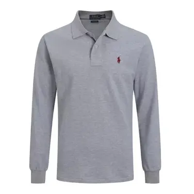 (Grey, M) Men Polo Shirt Casual Long Sleeve Collared T-Shirt Sports T-Shirts Button Tops