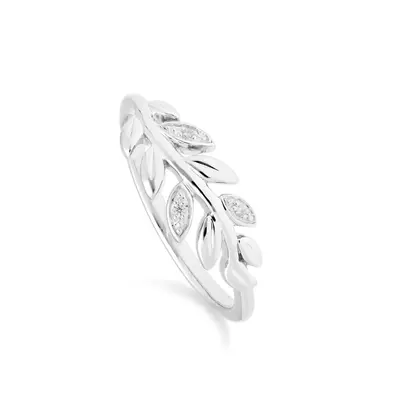 (L) O Leaf Diamond Olive Branch Ring in 9ct White Gold