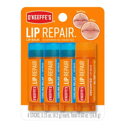 O'Keeffe's Lip Repair Lip Balm for Dry Cracked Lips Stick (Pack of 4: Cooling + Unscented)