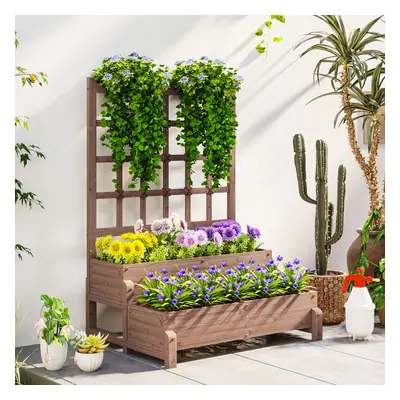 Outsunny 2-Tier Wooden Raised Bed with Trellis and Drainage Holes, Brown