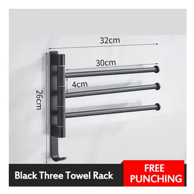 (Black three towel rack) Aluminum Wall Mount Towel Rail Rack Rotatable Holders 2/3/4/5 Storage H