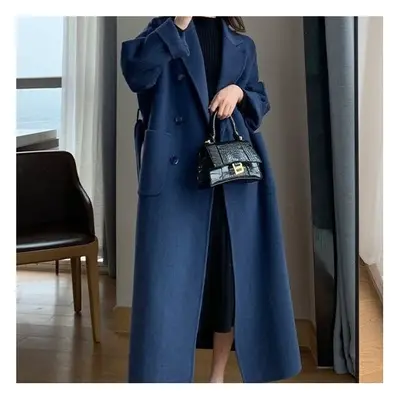 (L, Navy) Autumn Winter Women Woolen Cloth Coat Warm Long Length Double Breasted