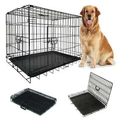 (L 36'') Foldable Dog Crate Dog Cage Puppy Crates Non-Chew Metal with Removable Tray Folding Doo