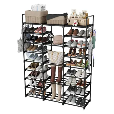 (9 Tiers Row) Holds Pairs Shoe Boots, Stackable Stand Shoe Cabinet with Hooks, Tall Shoe Tower f