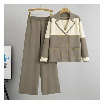 (khaki, one size) Women&apos;s Plus Size Temperament Suit Collar Autumn New Double Breasted Knit