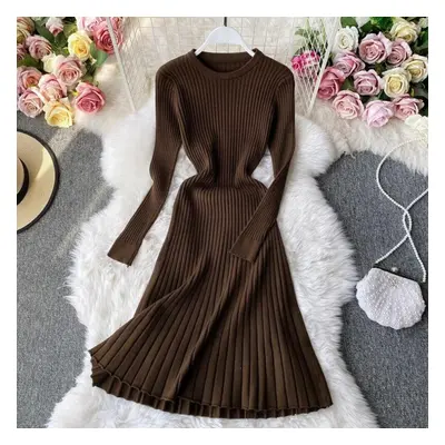 (brown, One Size) Vintage Women&apos;s Dress Solid Color O-neck Long Sleeve Knit Dresses Female 